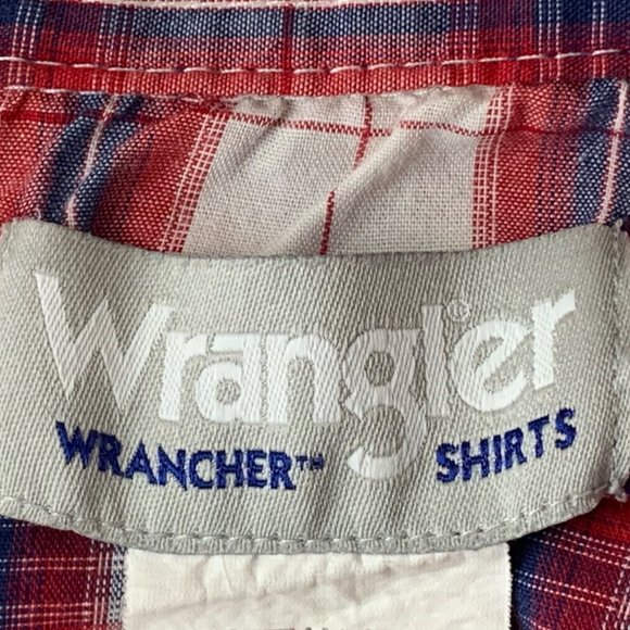 Wrangler M Wrancher Shirt Red Blue Plaid Pearl Snap Button Short Sleeve Collared - Picture 9 of 13